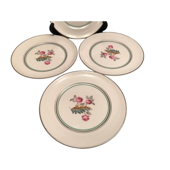 4 Pope Gosser Salad Plates Pattern 1219 Floral Design 7" Green & Platinum Bands - Picture 2 of 8